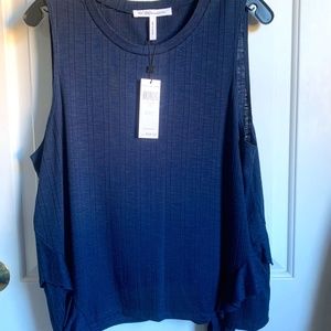 BCBGeneration Dark Navy Ruffled Rib-Knit Tank Large